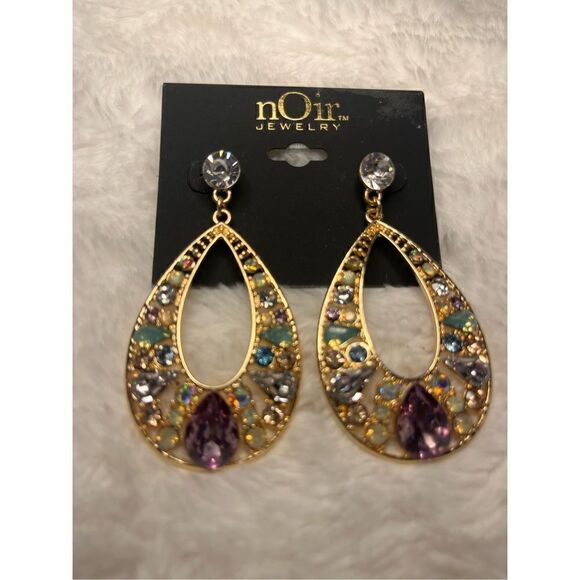 NWT Noir Teardrop Gemstone and Gold Earrings - Picture 1 of 3